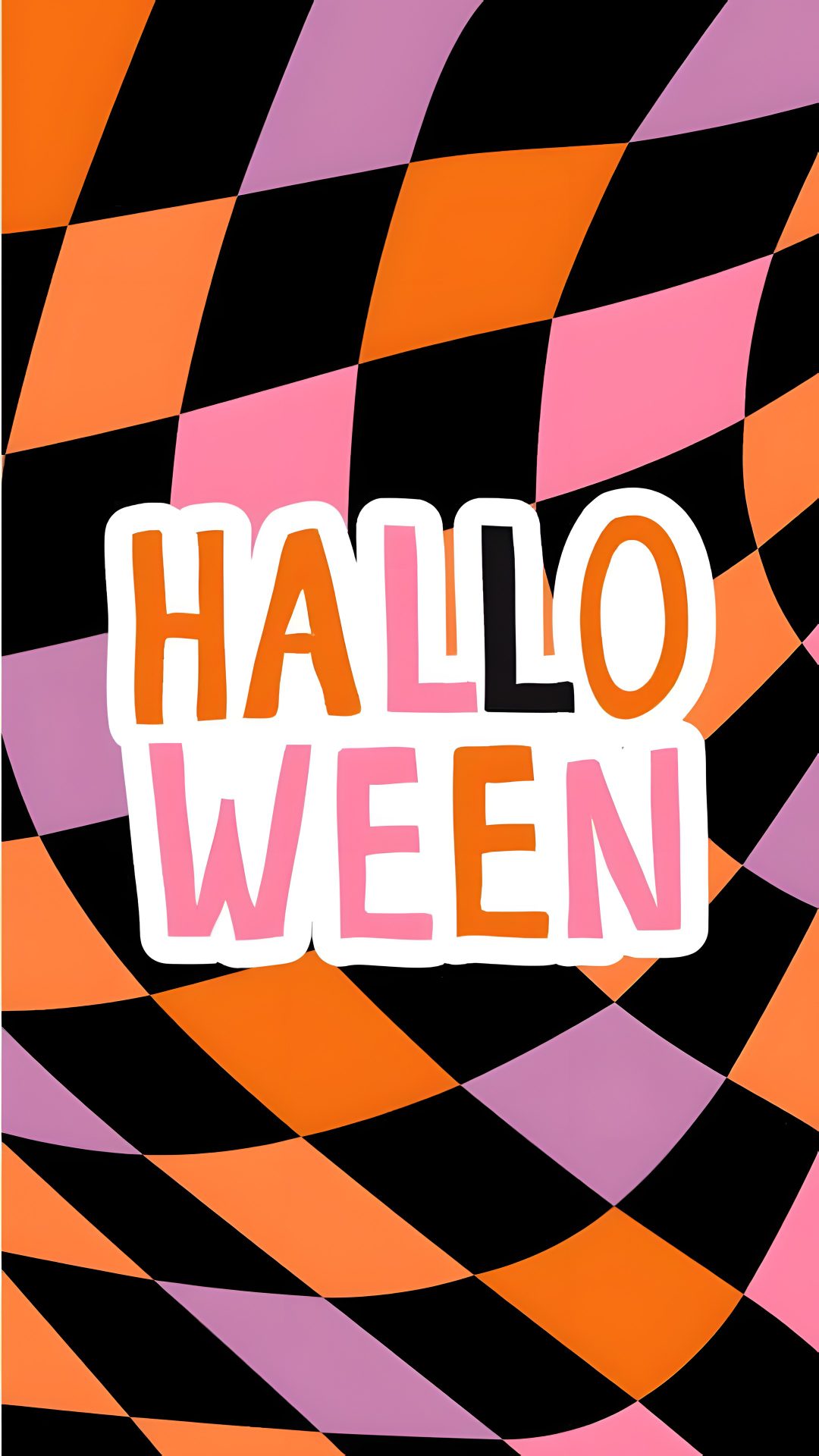 the word halloween written in white on an orange, pink and black background with diagonal stripes Create Halloween Phone chocolate