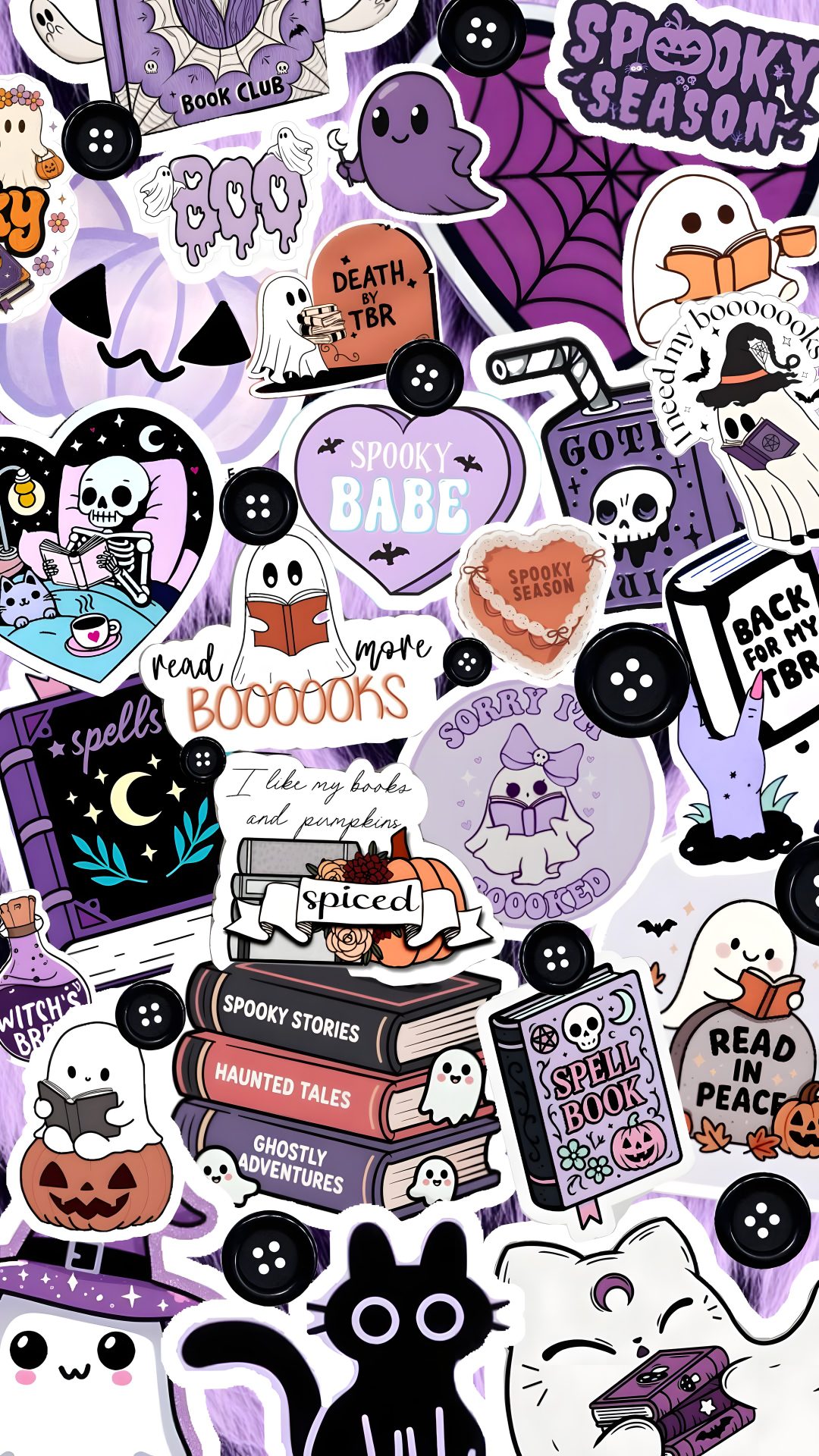 many different stickers are arranged together on the wall in this image, including ghost and books Halloween Kindle silver