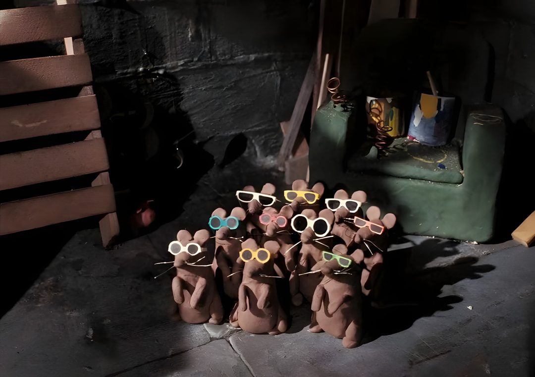 a group of little brown bears wearing sunglasses and standing next to each other in front of a chair Wallace And Gromit Halloween Background Tattoos, black