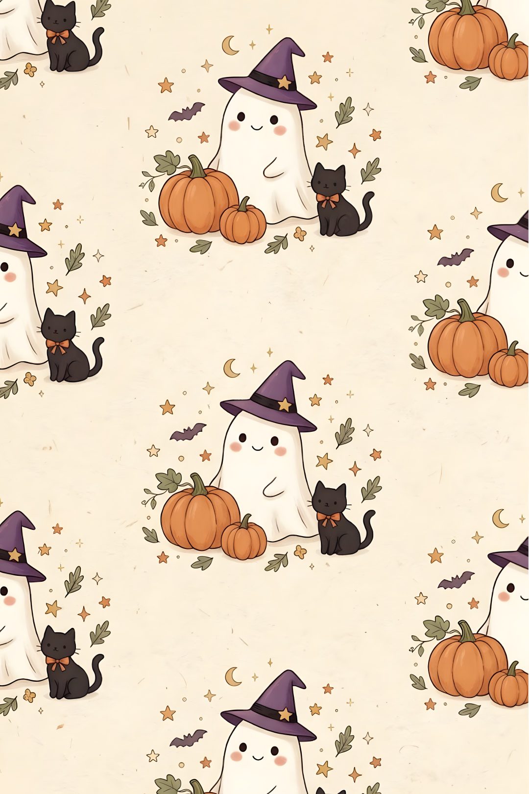a halloween themed wallpaper with cats and pumpkins Cute Halloween With Cats antique white