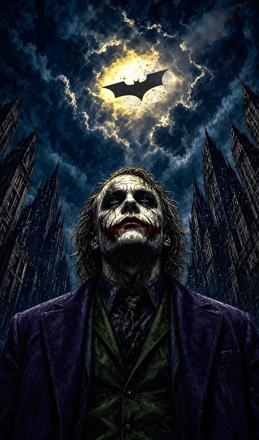 the joker is standing in front of some tall buildings Joker Halloween black