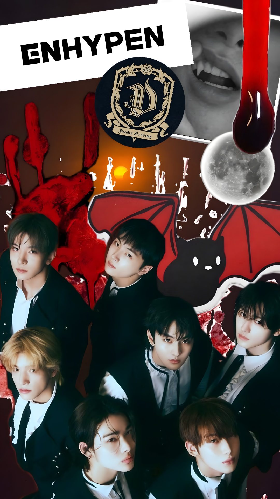 the group is posing together in front of an image with blood dripping from its mouth Enhypen Halloween dark slate gray