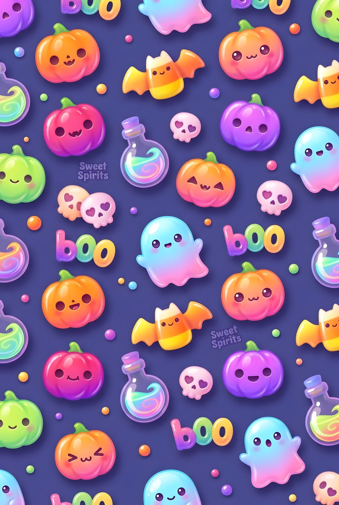 many different types of halloween candies on a purple background Halloween Cutecore dark slate blue