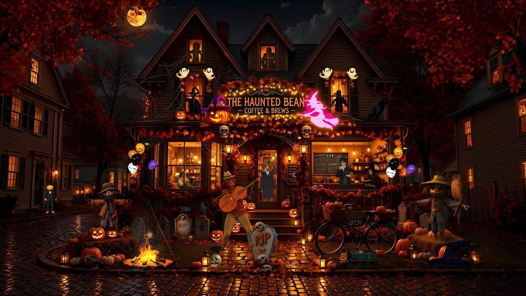 a house decorated for halloween with pumpkins and decorations Halloween Village 4k black