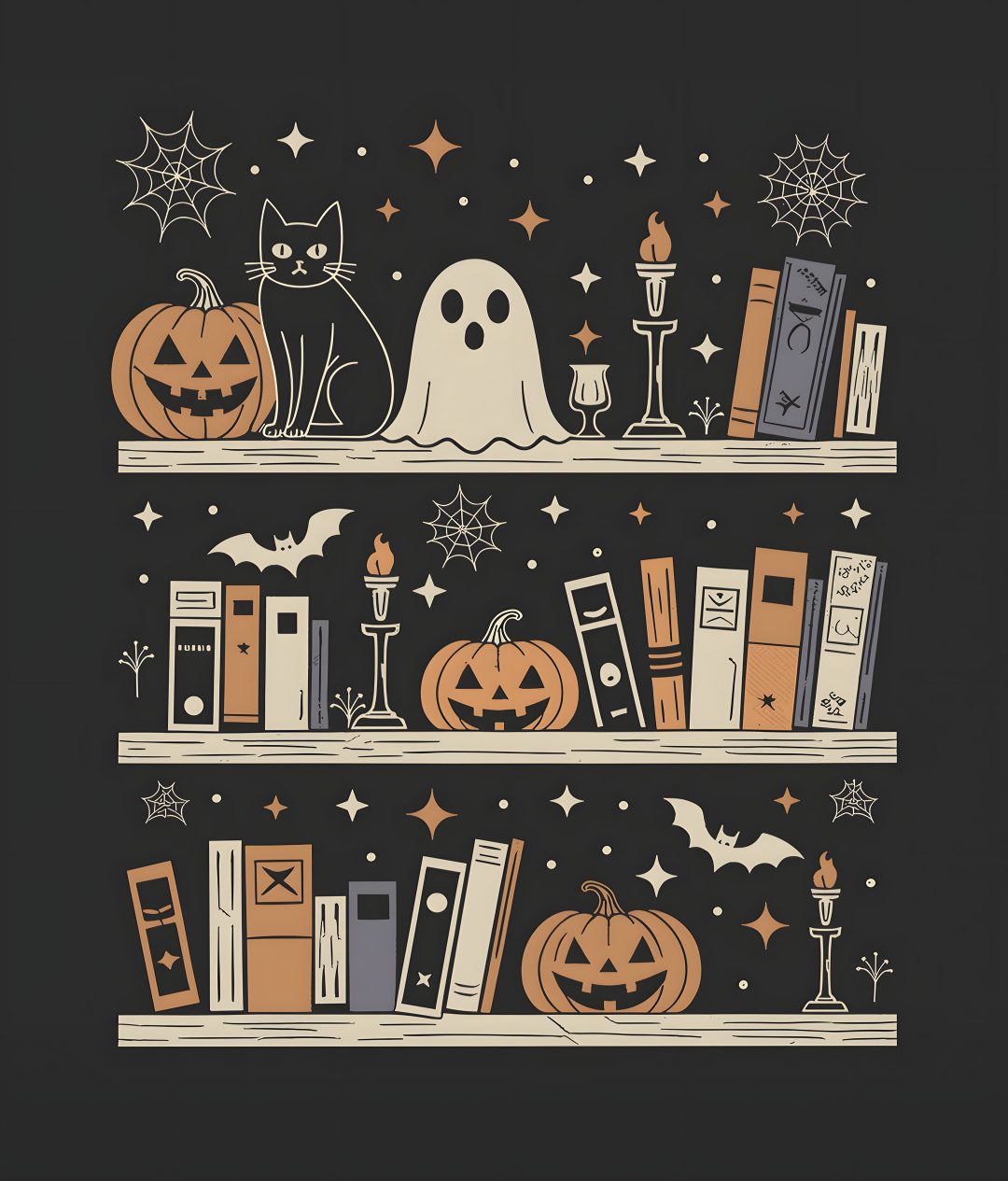 a book shelf filled with books and pumpkins on top of each other, surrounded by stars Halloween Library Phone, Halloween, dark slate gray