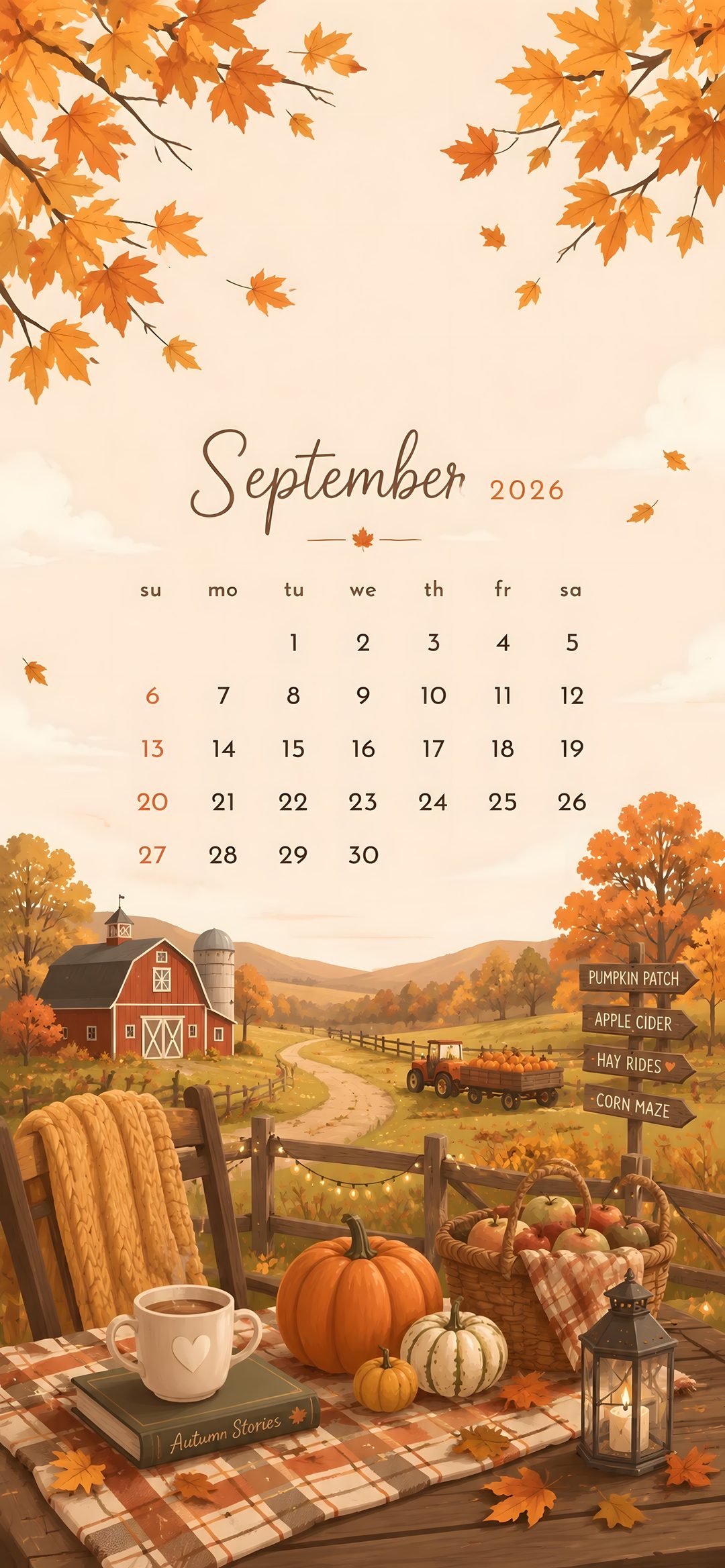 an autumn calendar with pumpkins and other items on a picnic table in the fall Halloween Calendar September 2026 Calendar Aesthetic, burlywood