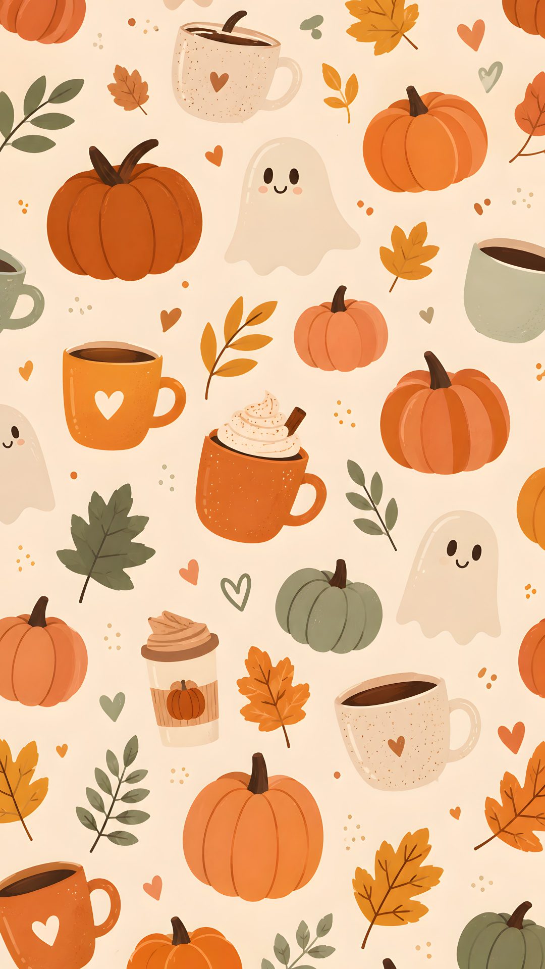 a white background with pumpkins, leaves and mugs on it's sides Cosy Halloween bisque