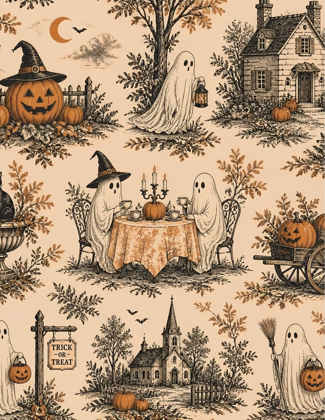 a halloween themed wallpaper with pumpkins, ghostes and witches sitting at a table Old Fashioned Halloween Halloween, The Originals, tan
