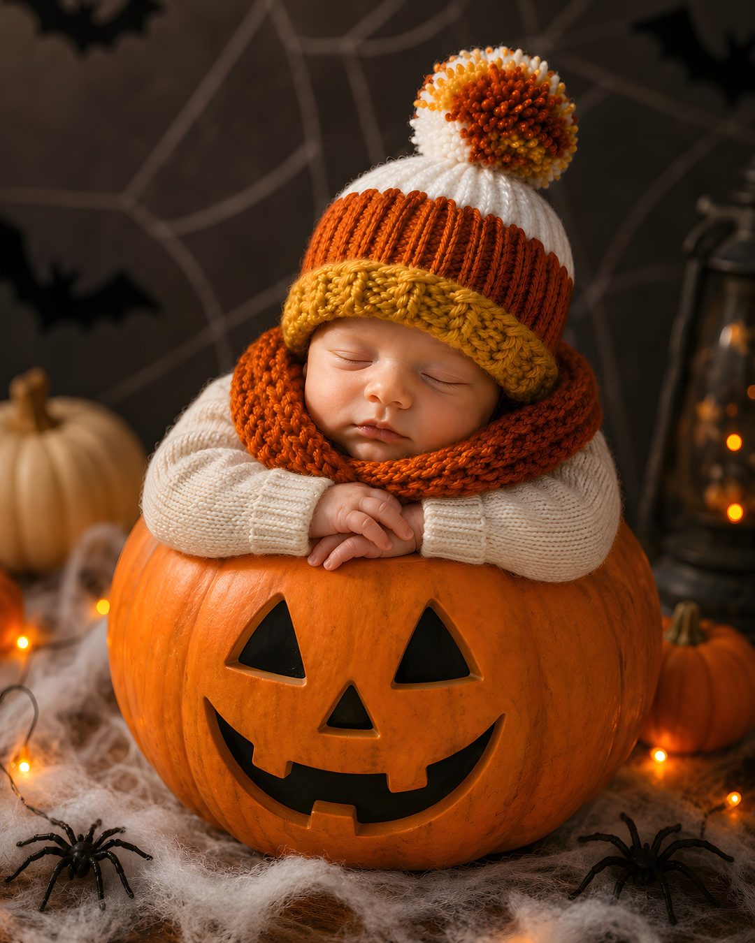 a baby wearing a knitted hat and sleeping in a jack - o'- lantern pumpkin Baby Halloween saddle brown