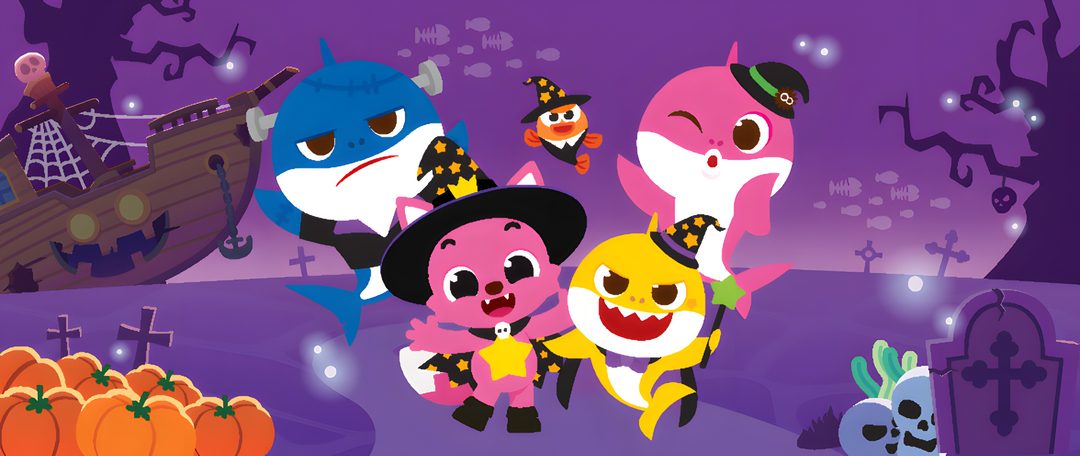 an animated halloween scene with cartoon characters and pumpkins Baby Shark Halloween dark slate blue