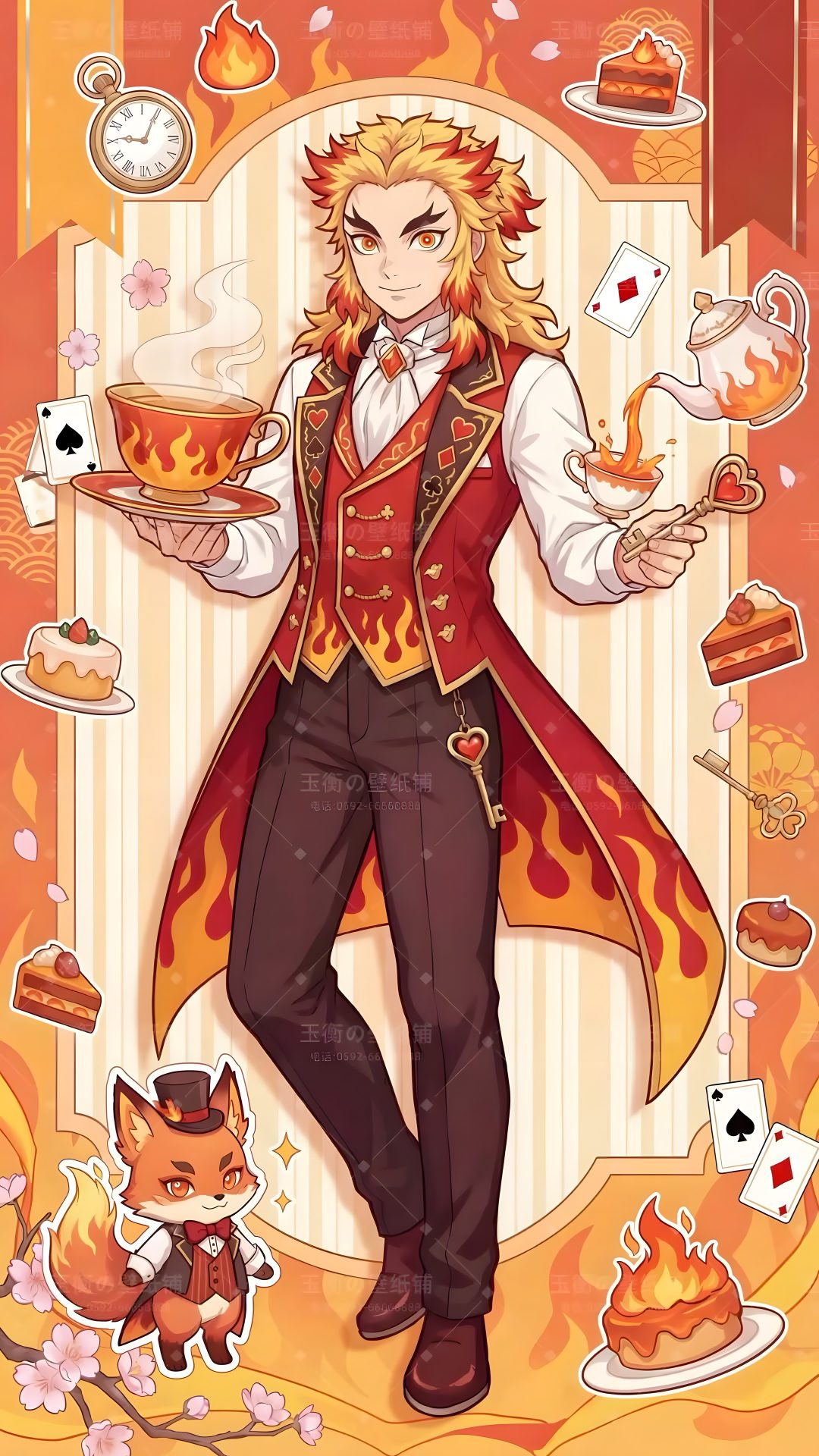 a drawing of a man in a red coat holding a tray with food on it Rengoku Halloween Kyojuro Rengoku Official Art, Geek Stuff, sandy brown