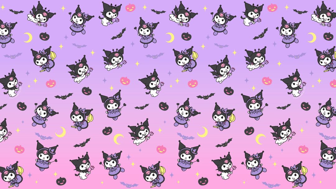 many cats with bats and stars on a purple, pink, and blue sky background Kuromi Halloween Desktop plum