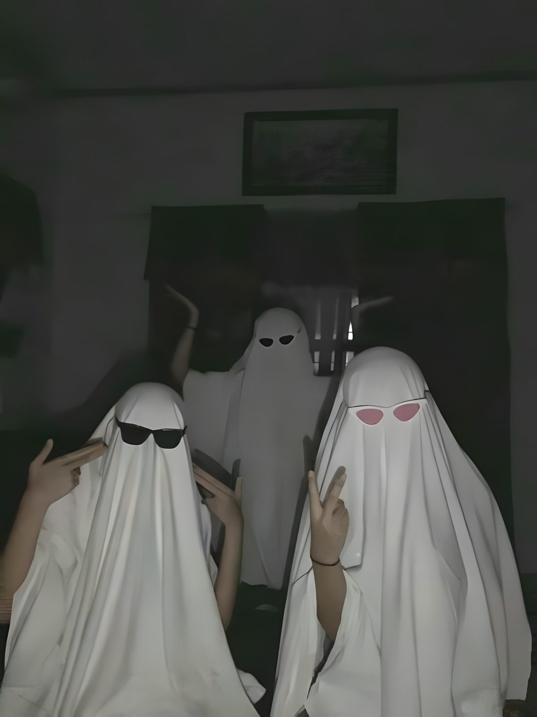 three people dressed in ghost costumes standing next to each other Trio Halloween dark slate gray