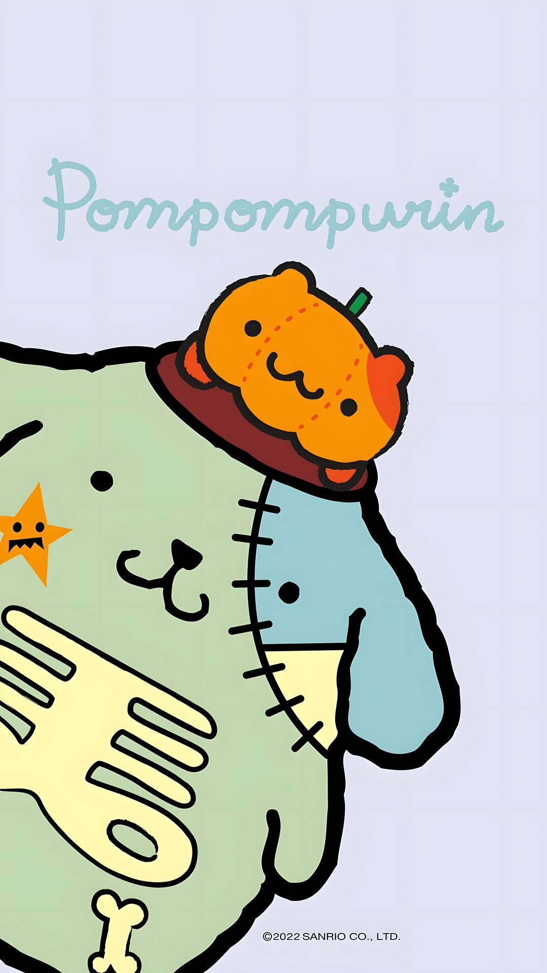an orange is sitting on top of a stuffed animal with the word pompupunin above it Pom Pom Purin Halloween lavender