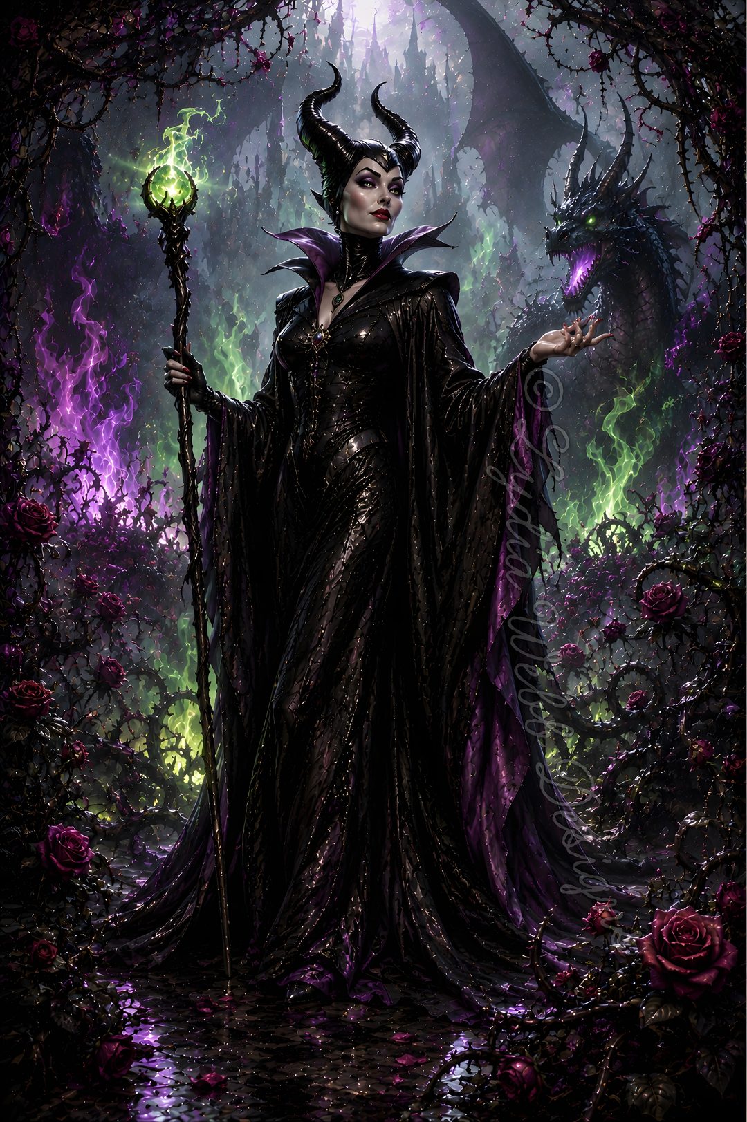 a woman dressed as maleficent holding a staff in front of a forest filled with flowers Maleficent Halloween black