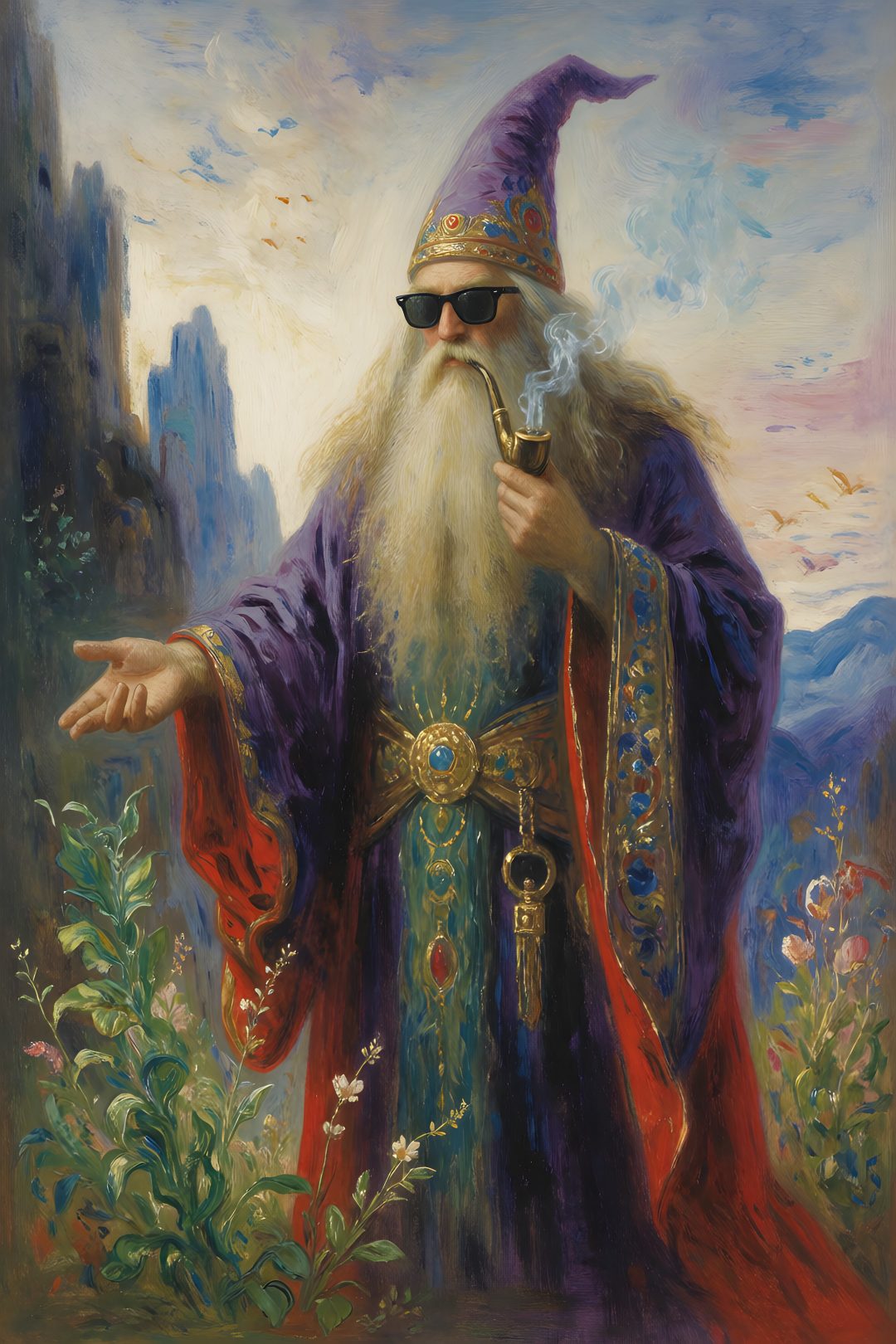 a painting of an old man with a pipe in his hand Merlin Wizard Halloween Rainbow Purple dark olive green