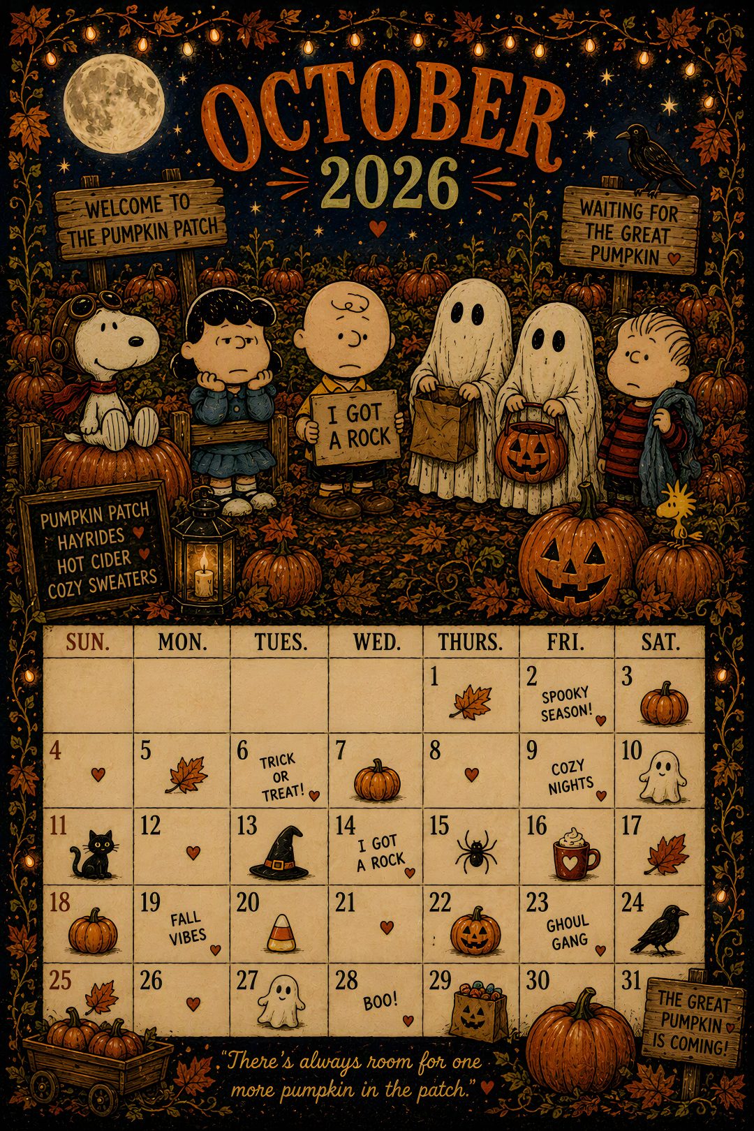 a calendar with peanuts and pumpkins on it for the month of october to december Halloween Calendar saddle brown