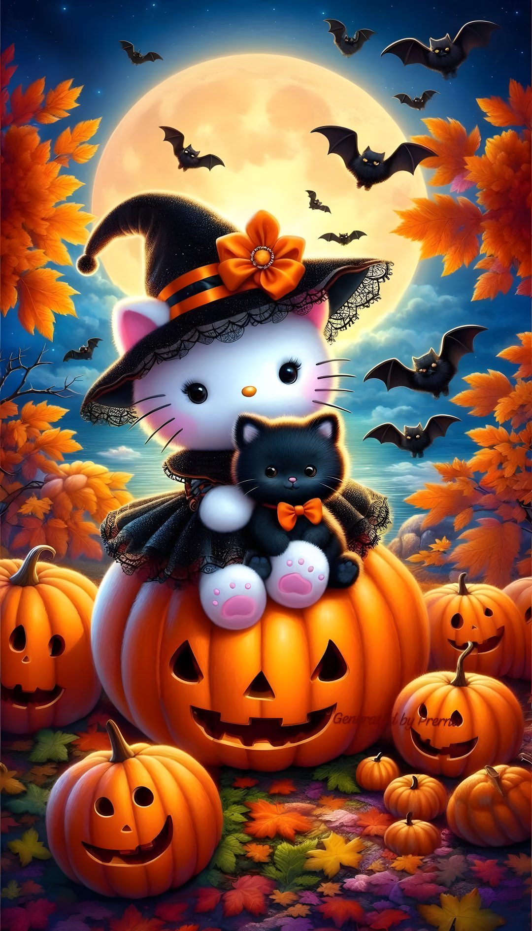 a painting of a cat sitting on top of a pumpkin Halloween Hello Kitty 3d Cute Animals, Hello Kitty, Kitty, Halloween, Animals, saddle brown