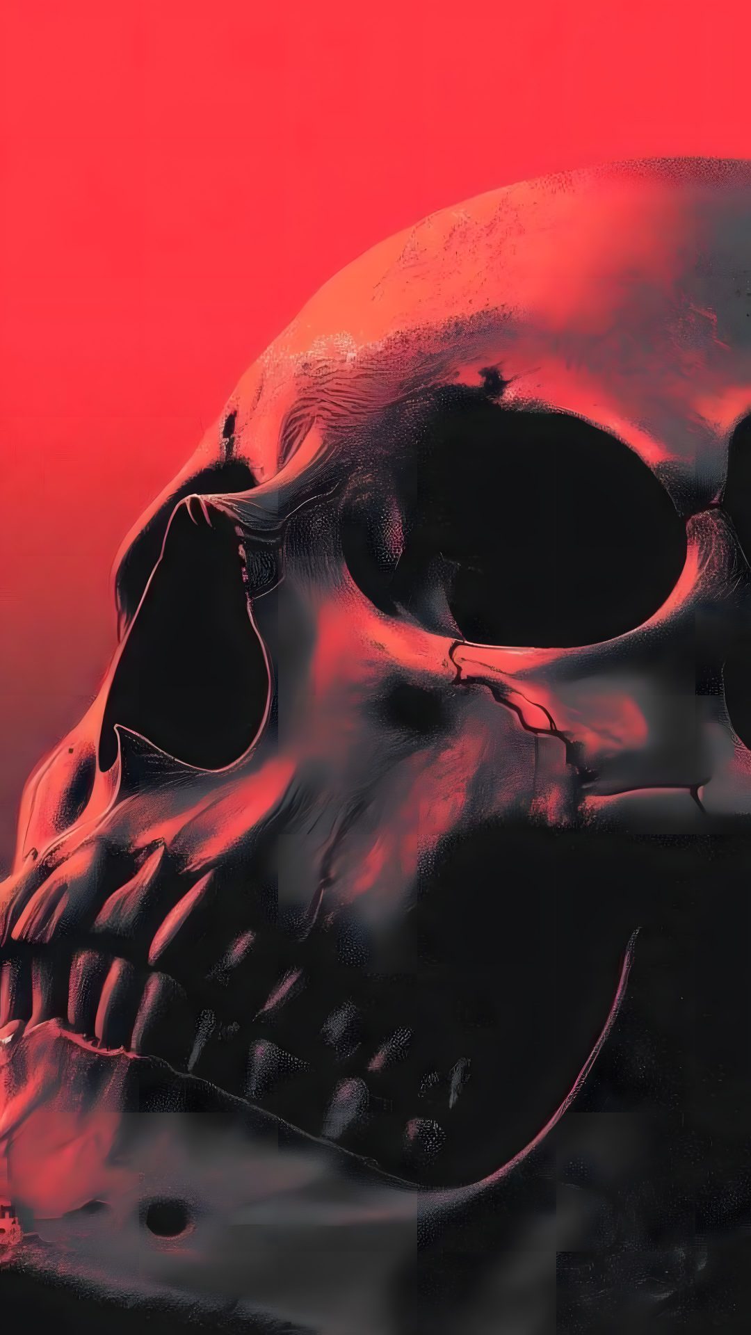 a red and black photo of a human skull Halloween Red Skull dark slate gray