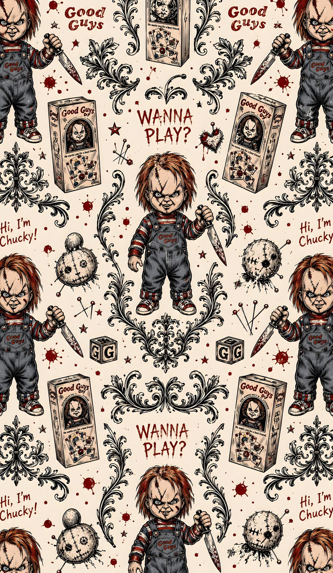 an image of a pattern with the words wanna play and two creepy dolls on it Halloween Chucky wheat