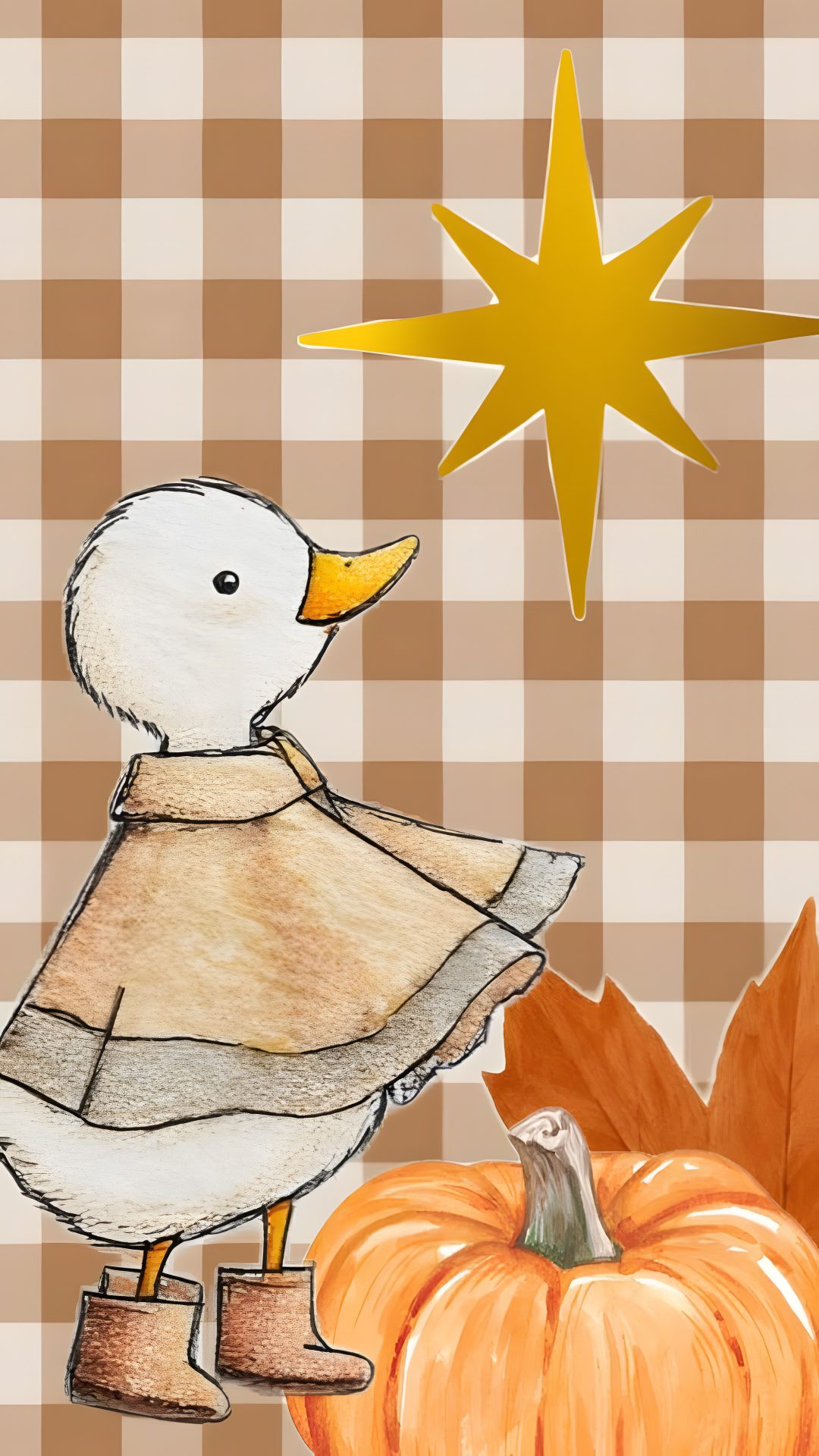 a drawing of a duck wearing a sweater next to a pumpkin with a star above it Cute Halloween Duck tan