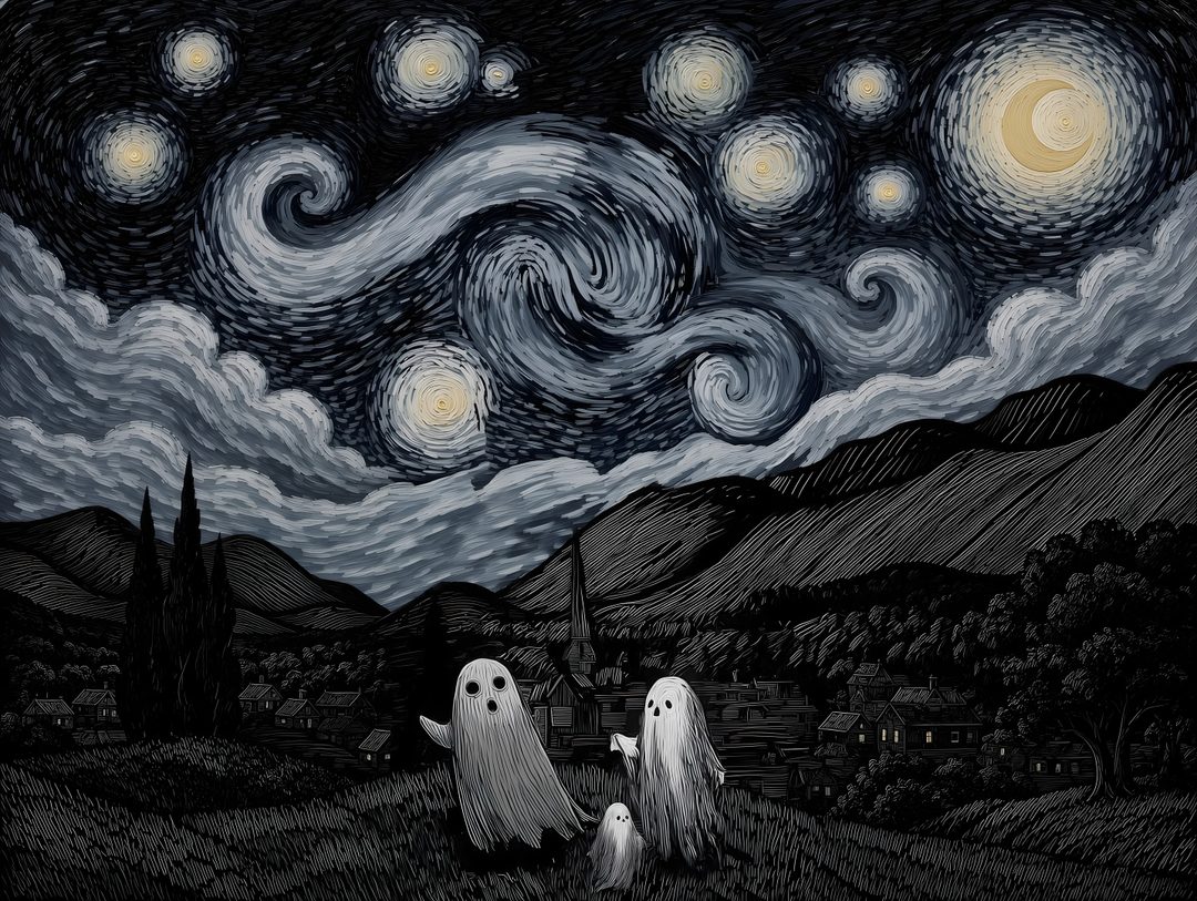 two ghostes are standing in front of the night sky Van Gogh Halloween black