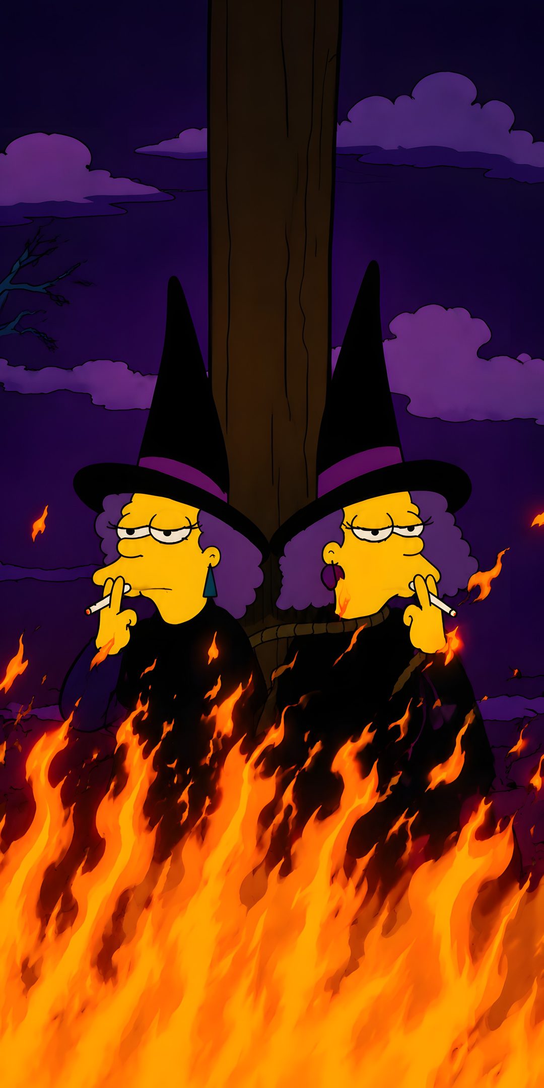 two cartoon characters standing in front of a fire with their heads turned to look like they are wearing witches The Simpsons Halloween black