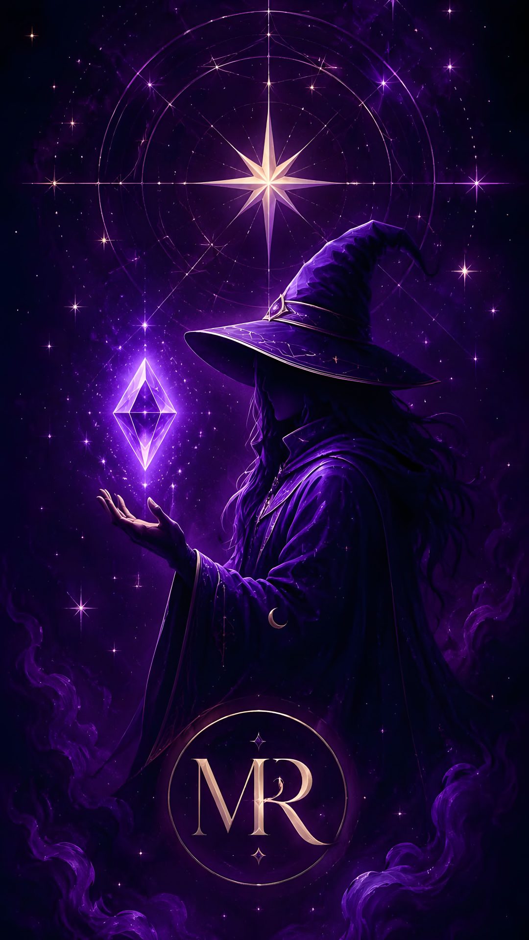 a wizard holding a crystal ball in his hand with the letter m on it's side Merlin Wizard Halloween Rainbow Purple black