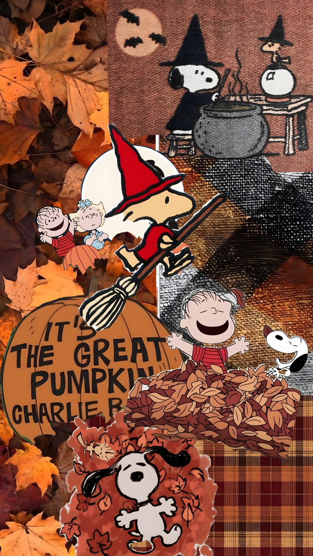 a collage of halloween images with pumpkins, jack - o - lantern and peanuts Halloween Charlie Brown sienna