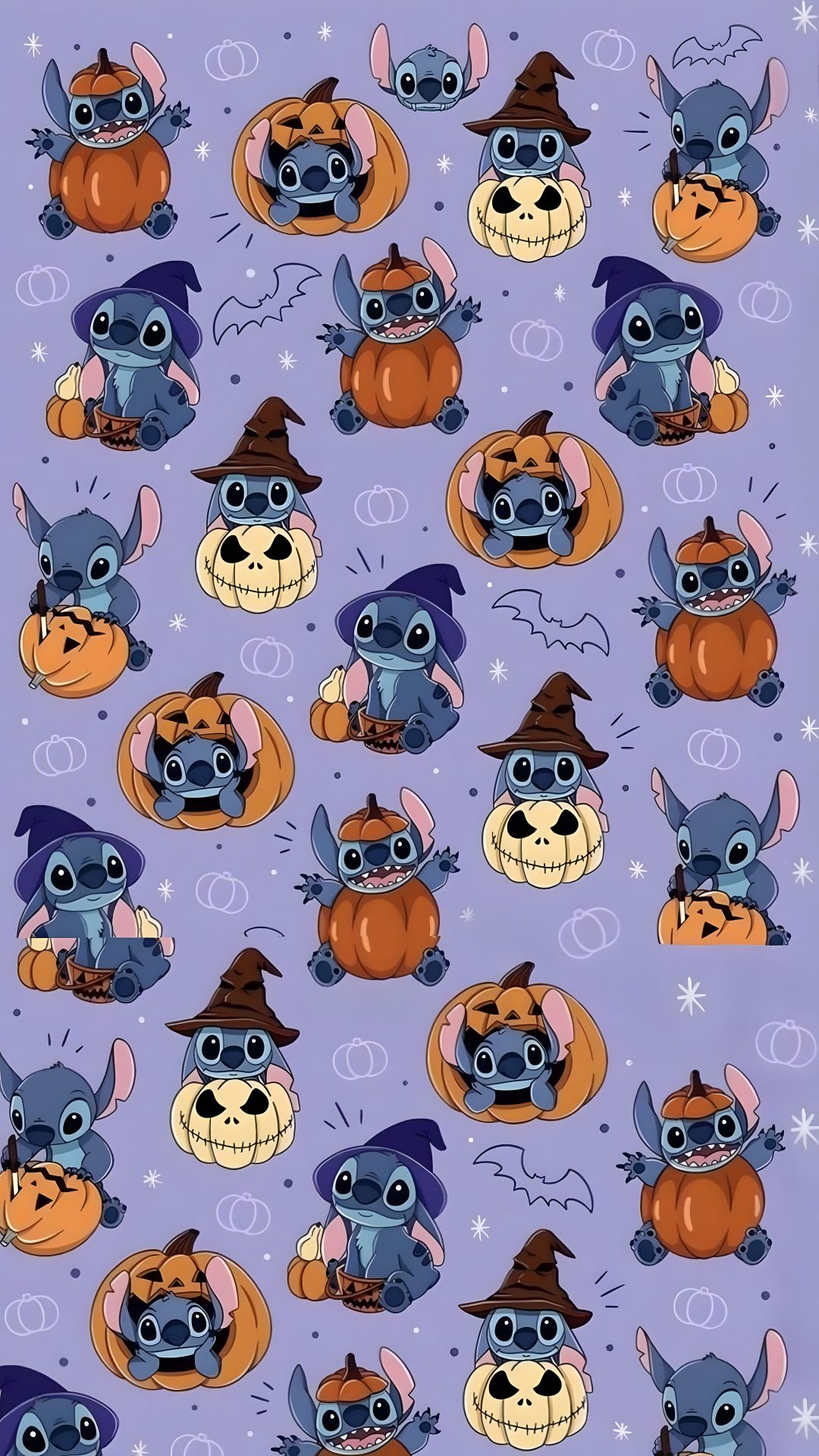 a purple background with many pumpkins and dogs on it Halloween Stitch dark gray