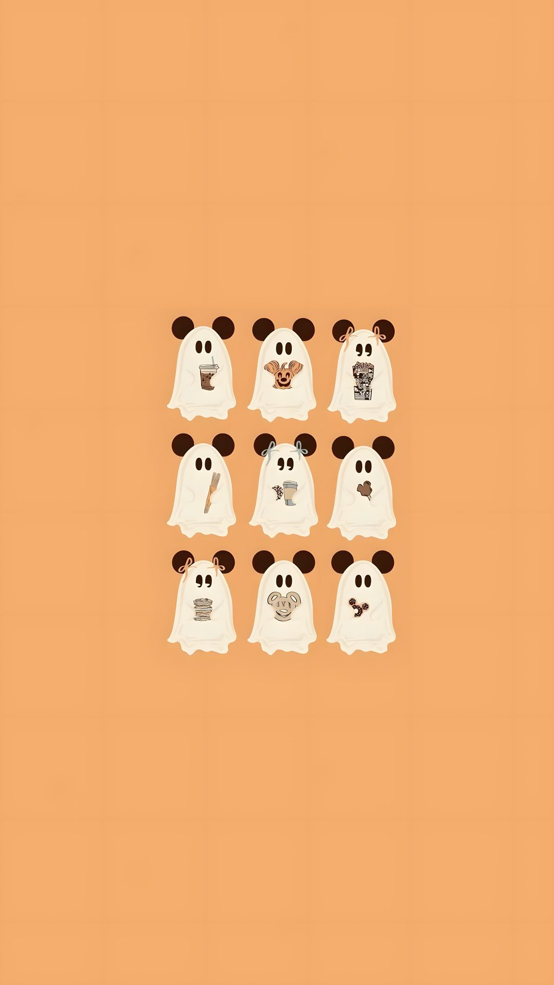 a group of ghost dogs with their heads in the shape of mickey mouses on an orange background Aesthetic Cute Disney Halloween Disney Fall, sandy brown