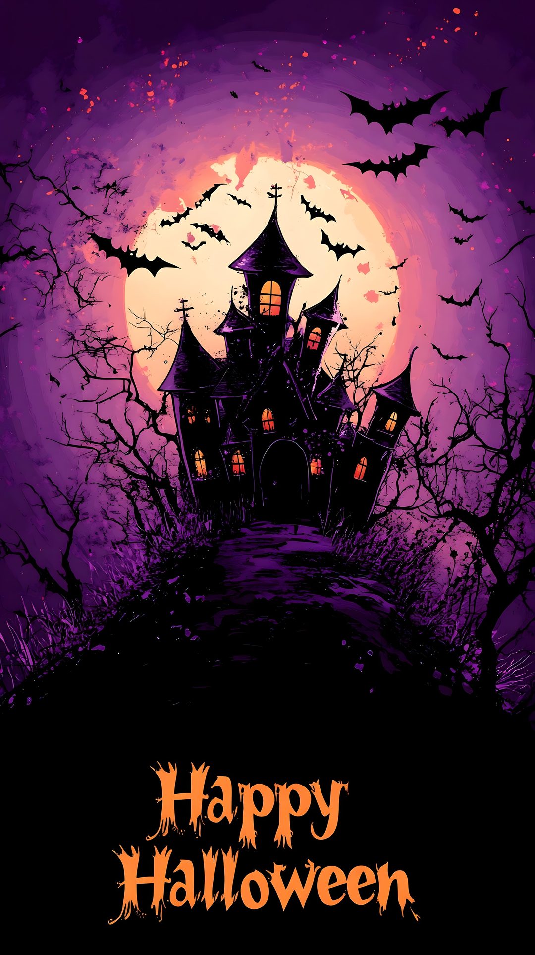 a halloween poster with a creepy castle in the background Happy Halloween Spooky black