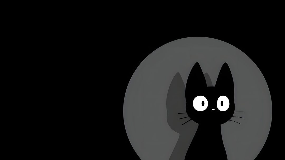 a black cat with big eyes in front of a gray circle on a dark background Desktop Black Cat Halloween Desktop, Black Cat, Black,