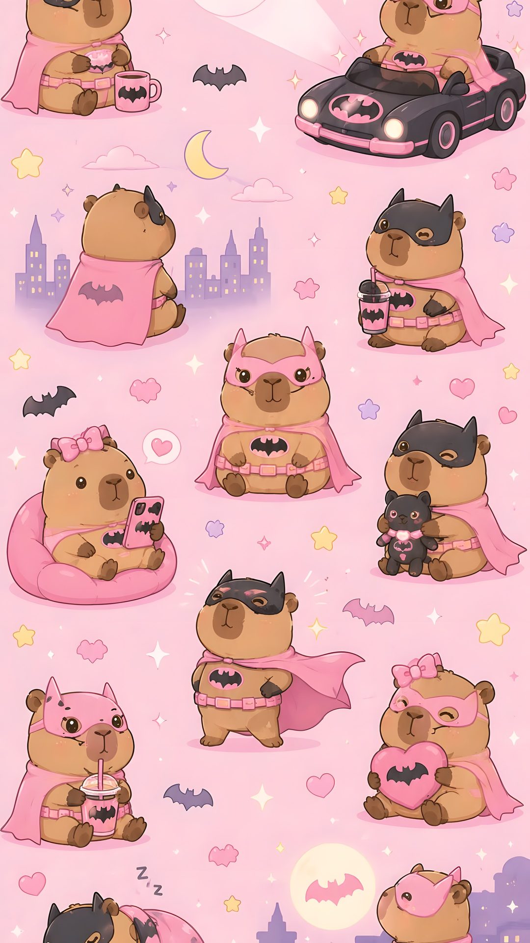 a pink background with many different pictures of bears in costumes and bats on it's face Capybara Halloween misty rose