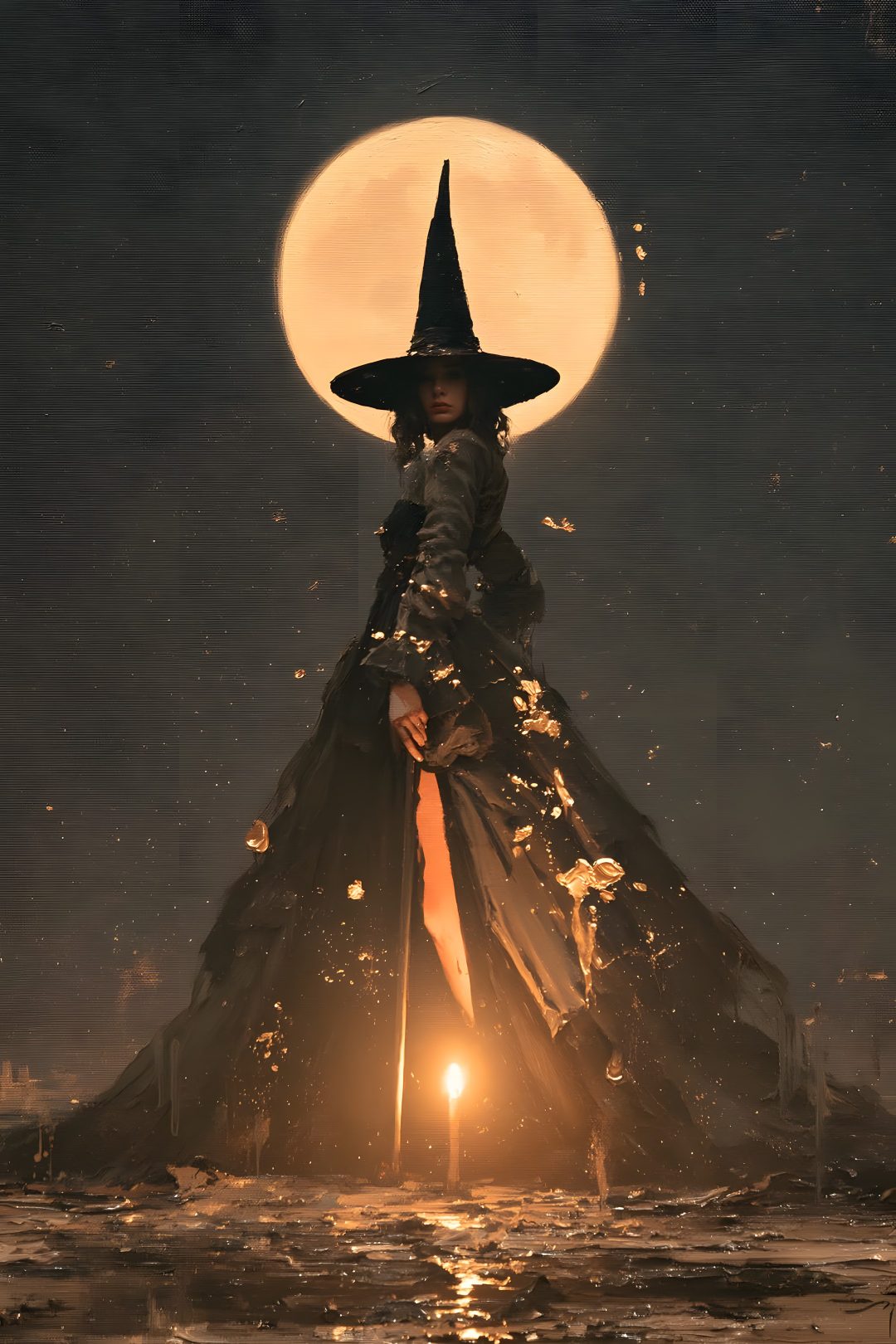 a woman dressed as a witch standing on top of a pile of trash in front of a full moon Witch Halloween dark slate gray