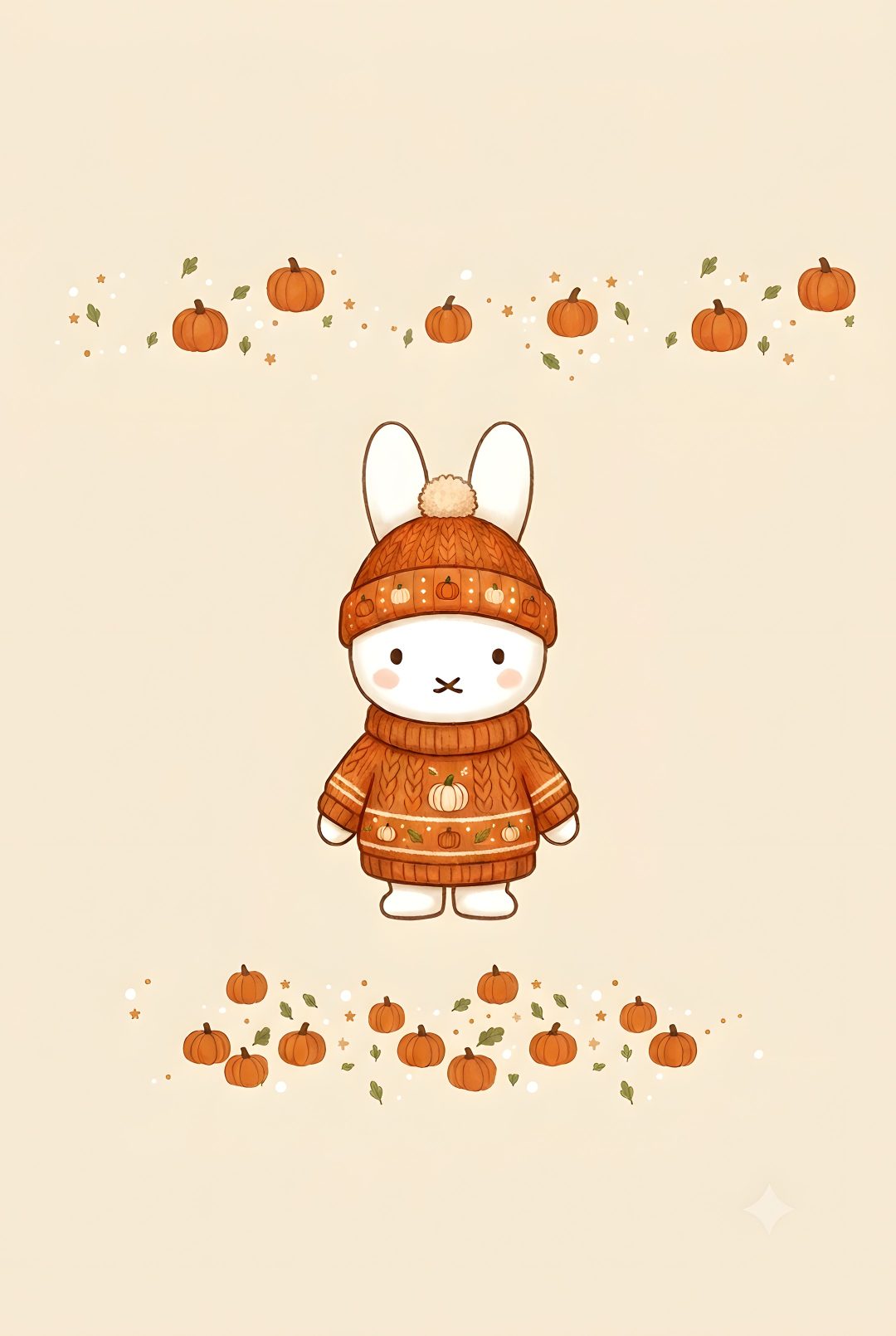 an animal wearing a sweater and hat with pumpkins in the air behind it on a beige background Miffy Halloween antique white