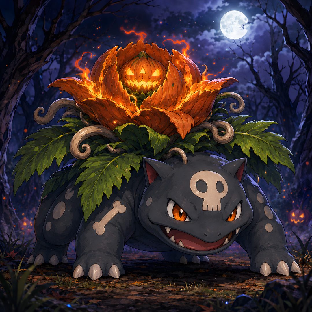 an animal with a pumpkin on top of it's head Halloween Bulbasaur dark slate gray