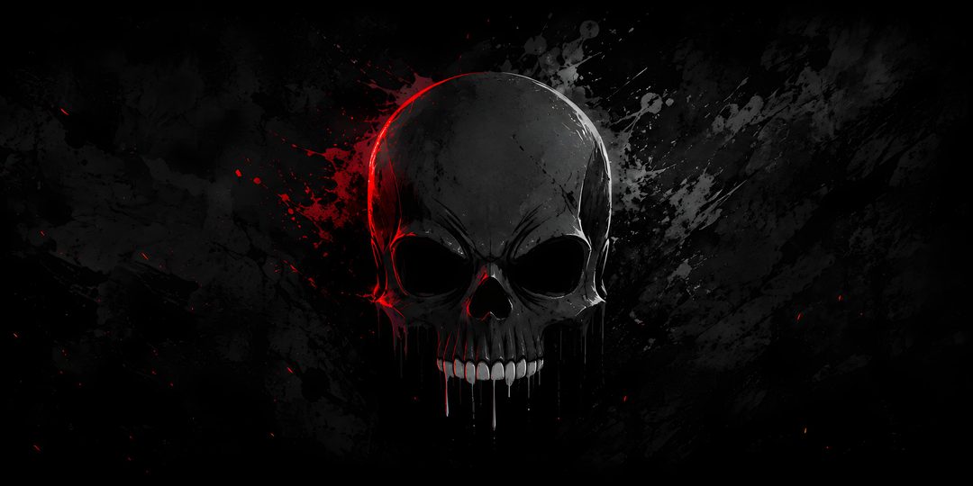 a black and red skull with blood splatters on it's face, in the dark Halloween Skull For Desktop black