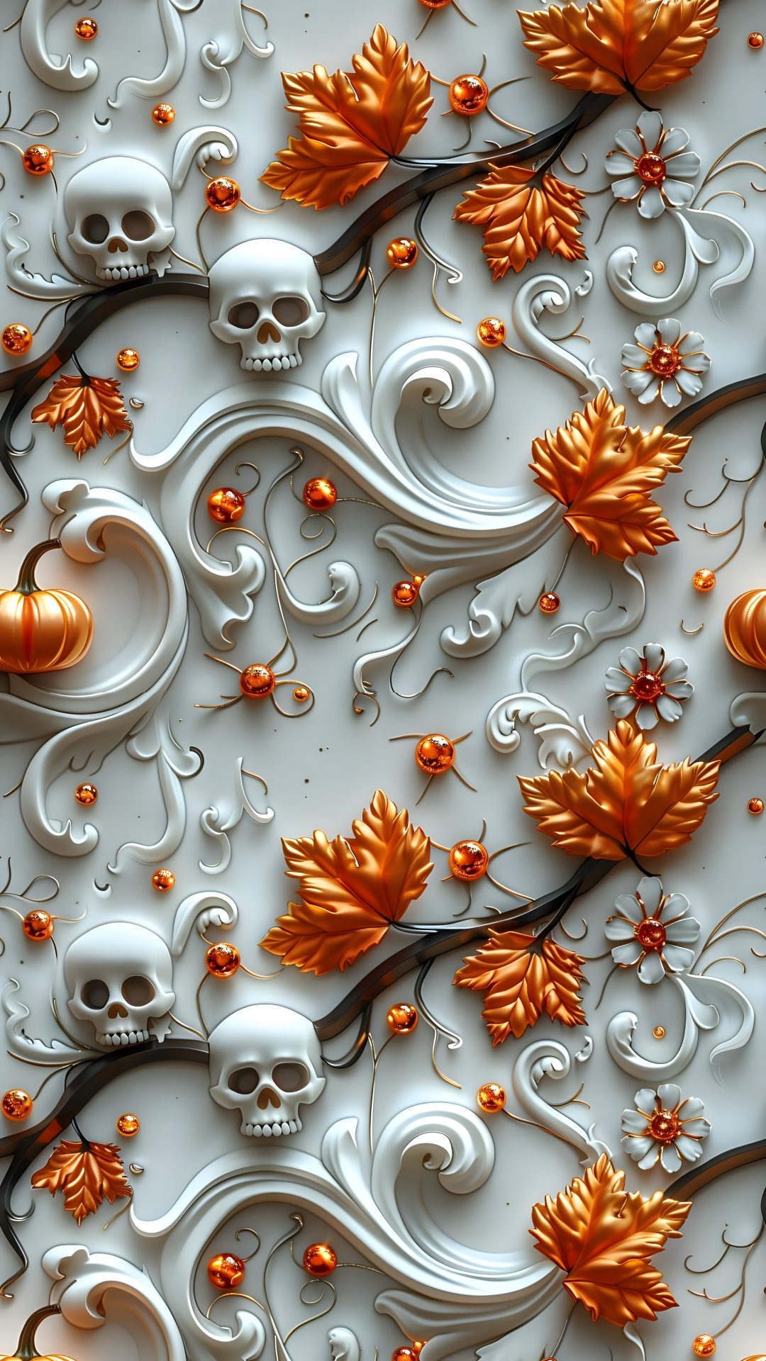 an intricately decorated wall with pumpkins, leaves and skulls Halloween Celtic Tiles Custom Halloween, Halloween Skulls, Halloween Iphone, gray