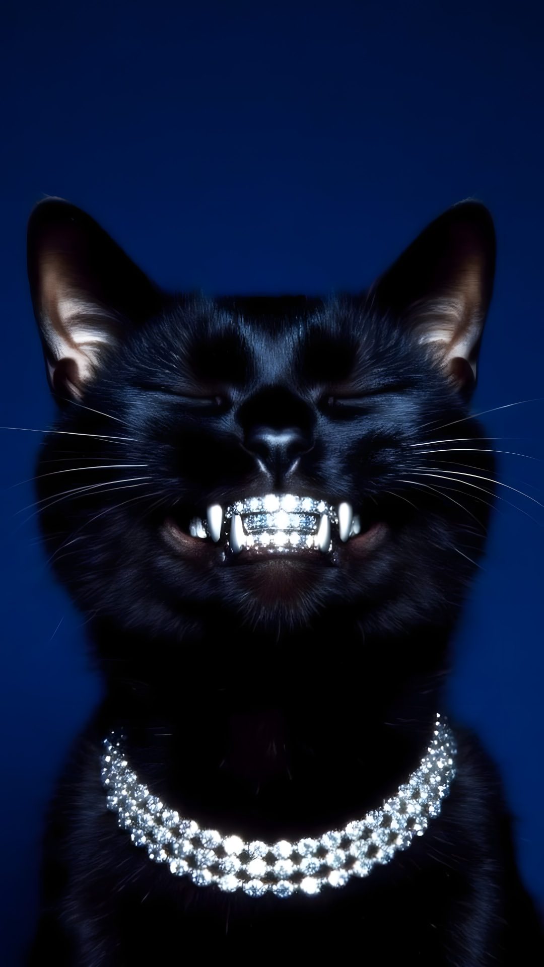 a black cat wearing a necklace and smiling at the camera with it's teeth wide open Black Cat Diamonds For Halloween In black