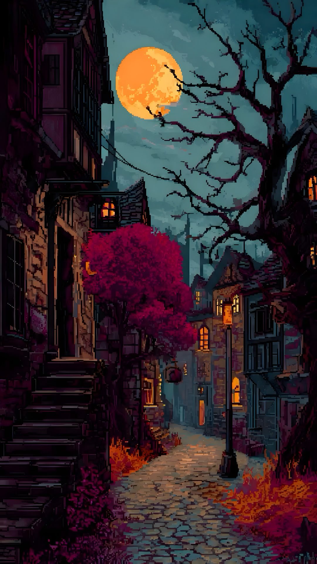 a painting of a city street at night with the moon in the sky above it Halloween Pixel Art black