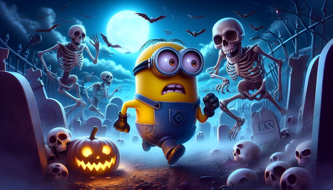a cartoon minion running through a graveyard with skeletons and jack - o'- lanterns Minion Halloween Desktop Spooky Minion Meme, Minions Dvd, Halloween, Minions, dark slate gray