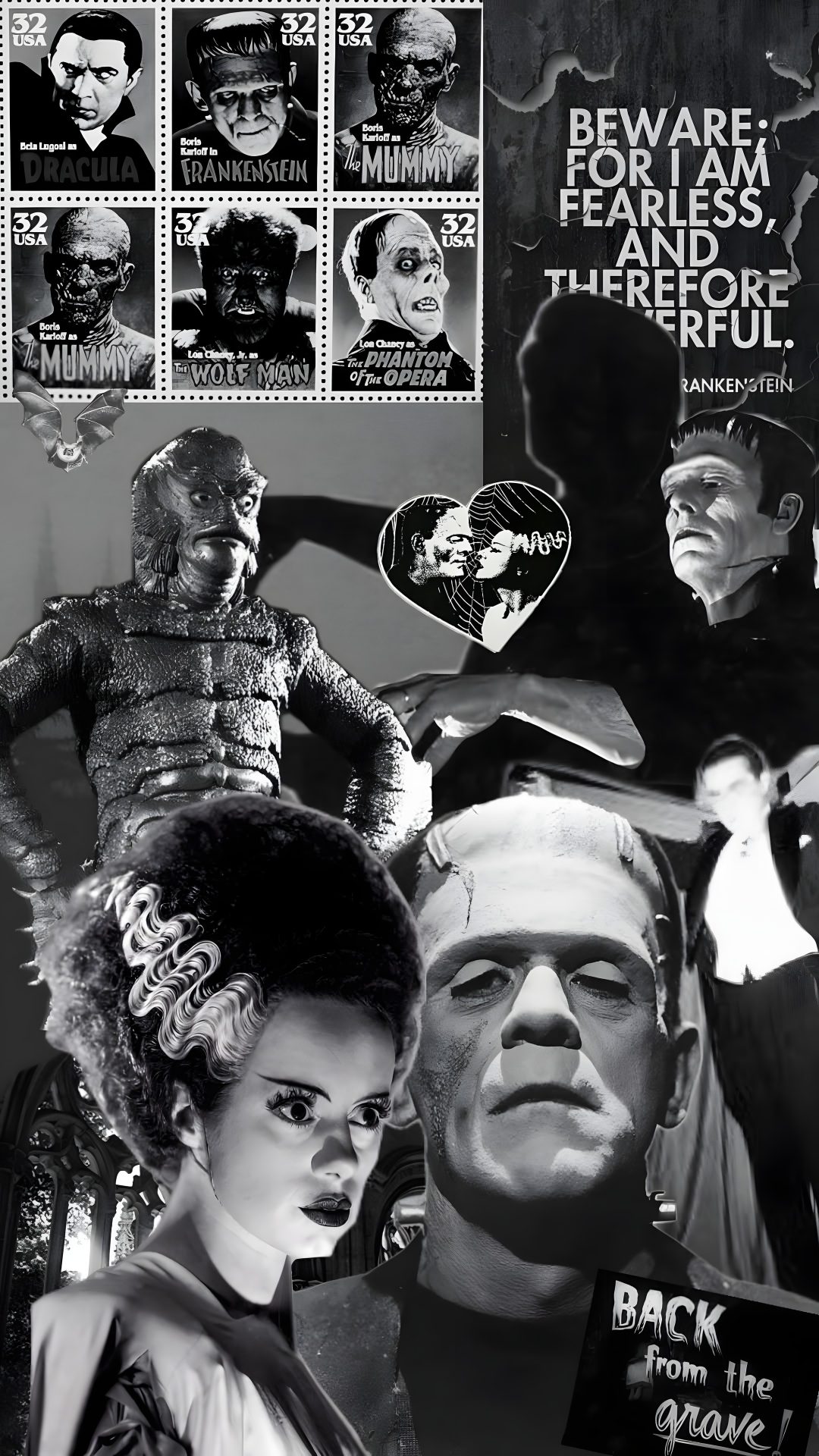 a collage of halloween stamps with the faces of two people and an evil man Frankenstein Halloween dark slate gray