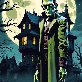 a man in a green suit and hat standing next to a pumpkin on the ground Frankenstein Halloween Classic Horror Character Art, Frankenstein Under Full Moon, Halloween Decoration Ideas, dark slate gray