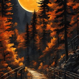 a painting of a forest with stairs leading to the full moon in the night sky Halloween Mountain Harvest Moon Over Bridge, Autumn Forest Moonlight, Autumn Forest Night Scene, dark slate gray