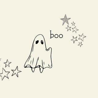 a drawing of a ghost with stars coming out of it's mouth that says boo Cute Aesthetic Halloween For Computer Cute Ghost With Stars Illustration, Black And White Spooky Design, Halloween Decoration Ideas, linen