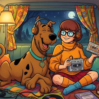 a woman sitting on top of a bed next to a dog with an old radio Scooby Doo Halloween 1920x1080 Cartoon Faces Drawing, Sketch Markers, Cartoon Tv, dark olive green
