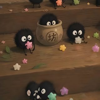 some little black animals are on the stairs Totoro Halloween Moving, Childhood Memories Art, Live, Android, Studio Ghibli, Cartoon, dark olive green