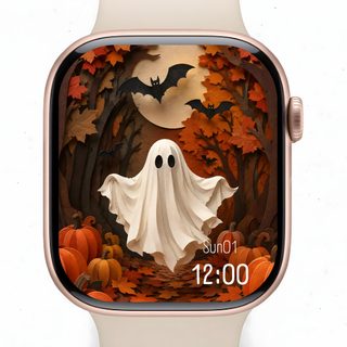 an apple watch with a halloween scene on the screen and a ghost running through it Halloween Digital Watch silver