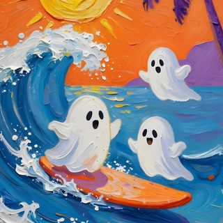 a painting of three ghost surfing in the ocean with palm trees and an orange sky Halloween Summerween Summer Ween, Painting For Kids Ideas, Cute Halloween Paintings, rosy brown